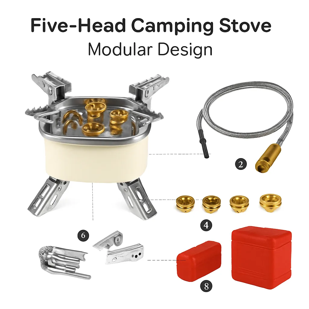 13000W Portable Windproof Camping Stove Five-head Gas Cooking Burner with Piezo Ignition Stepless Flame Control Fit For ISO-butane, Propane, Butane Fu - Image 2