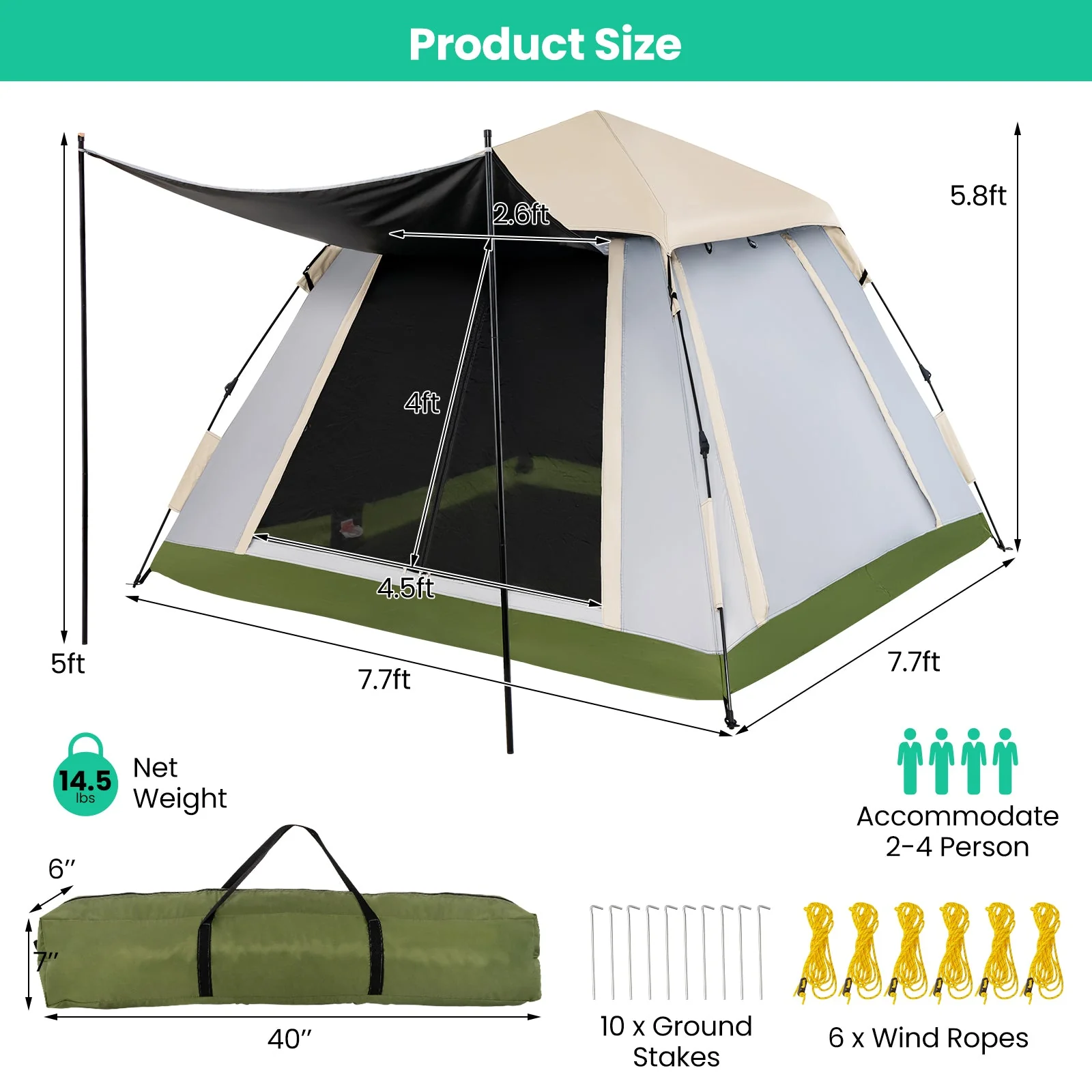 2-4 Person Instant Pop-up Camping Tent with Removable Rainfly - Image 5