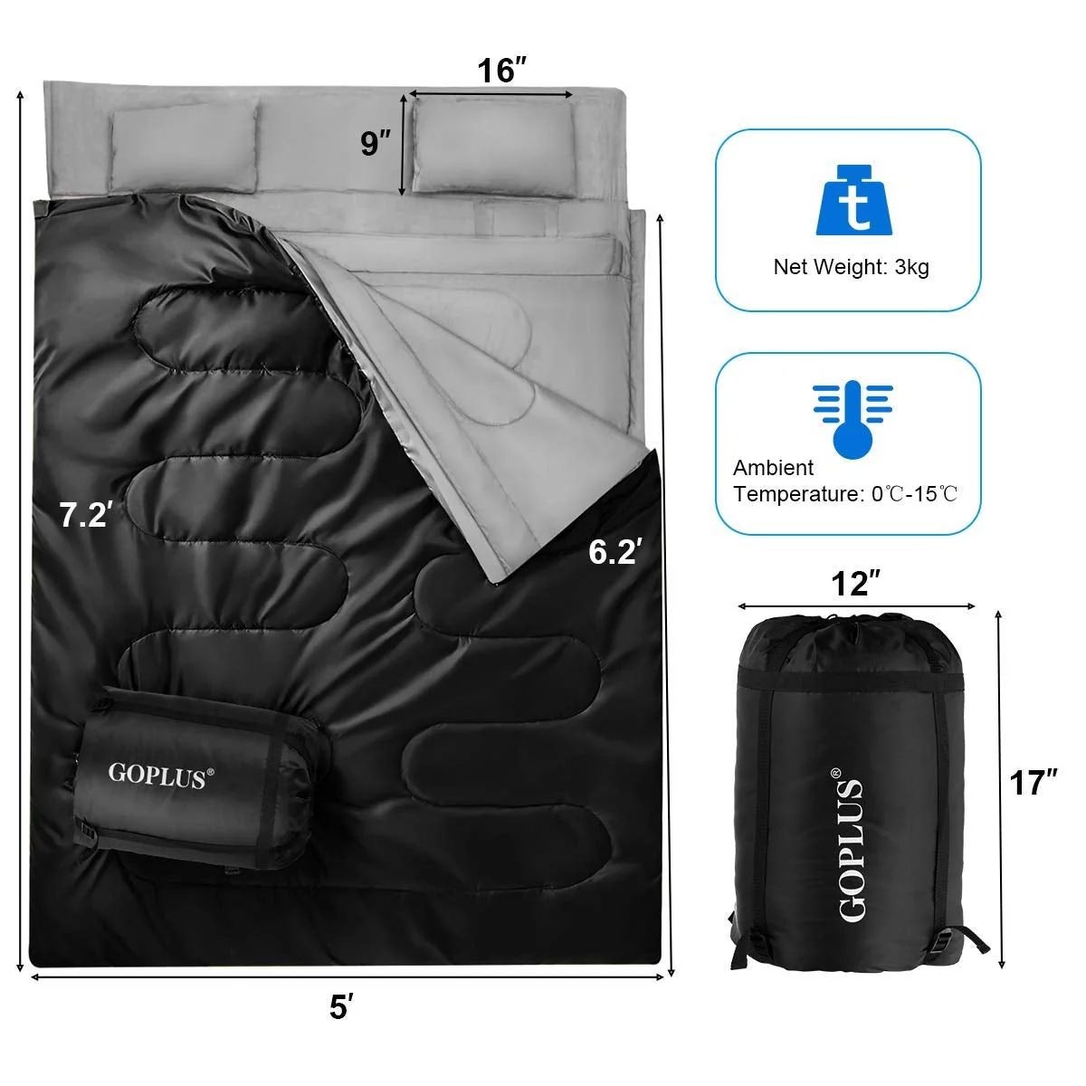 2 Person Waterproof Sleeping Bag with 2 Pillows-Black - Image 4