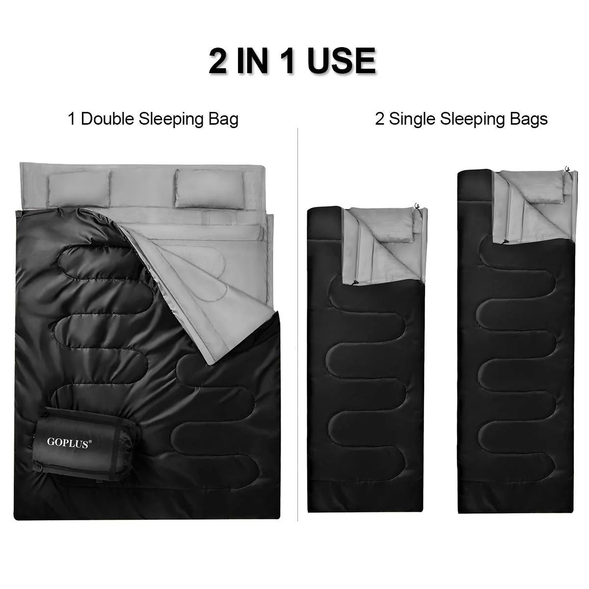 2 Person Waterproof Sleeping Bag with 2 Pillows-Black - Image 6