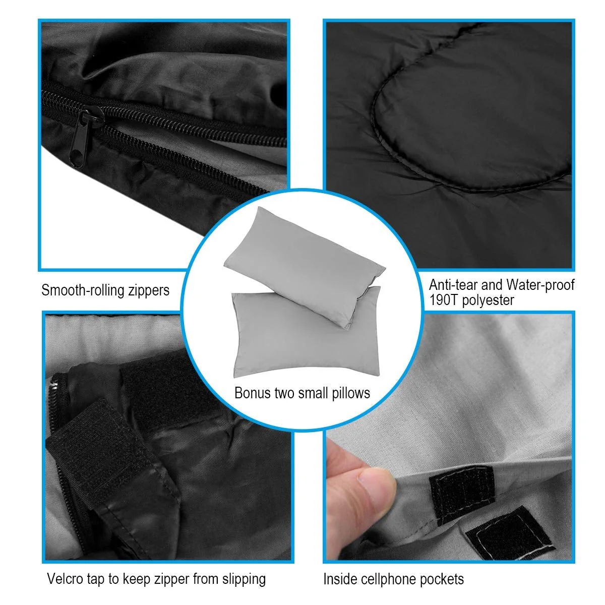 2 Person Waterproof Sleeping Bag with 2 Pillows-Black - Image 7