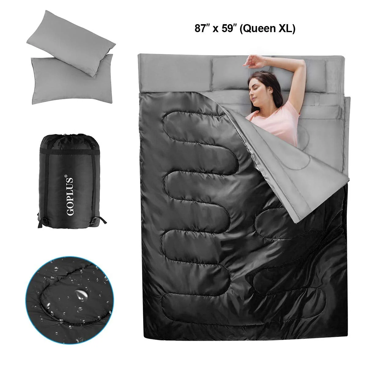 2 Person Waterproof Sleeping Bag with 2 Pillows-Black - Image 8