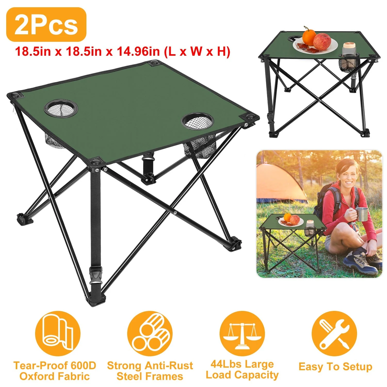 2Pcs Foldable Camping Table Portable Picnic Table Lightweight Travel Desk with 2 Cup Holders/Table Carrying Bag - Image 12