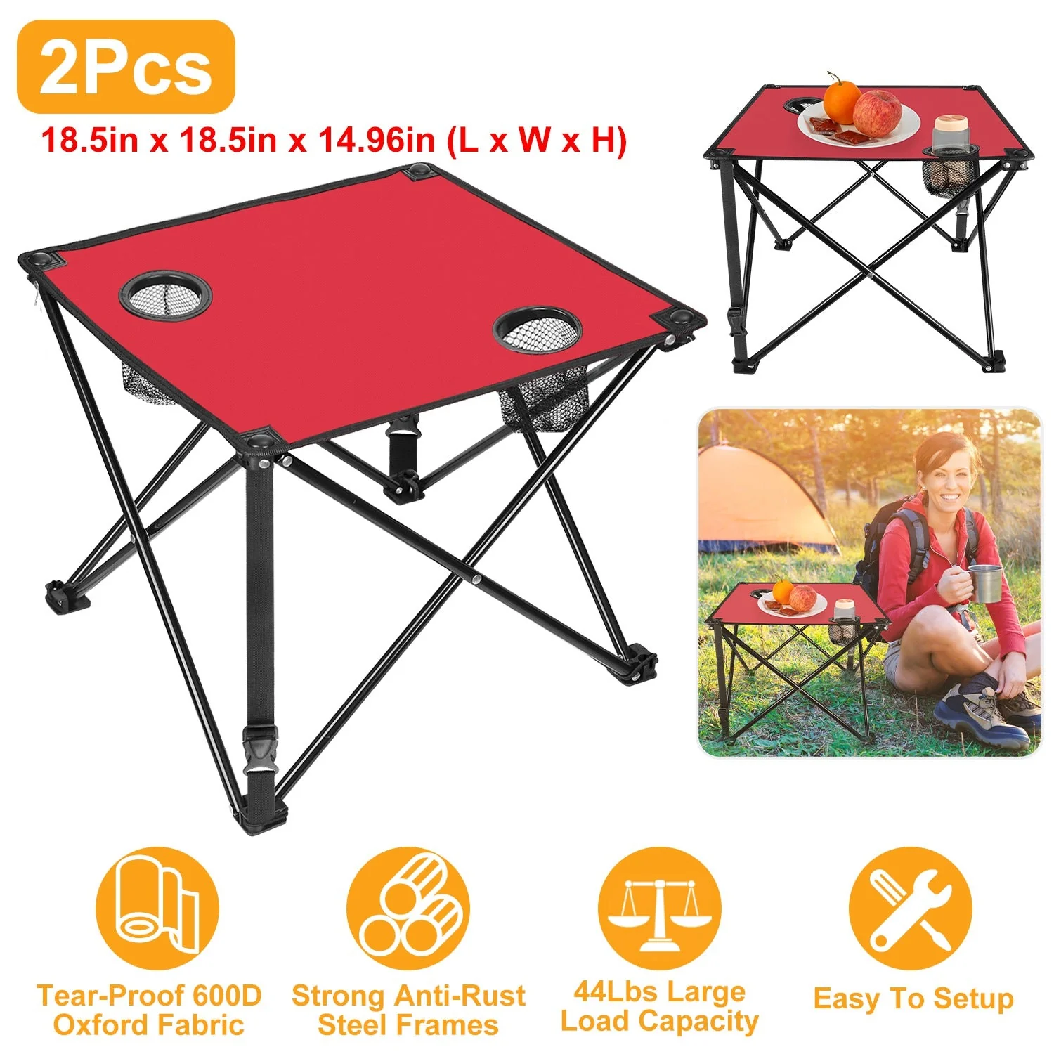 2Pcs Foldable Camping Table Portable Picnic Table Lightweight Travel Desk with 2 Cup Holders/Table Carrying Bag - Image 20