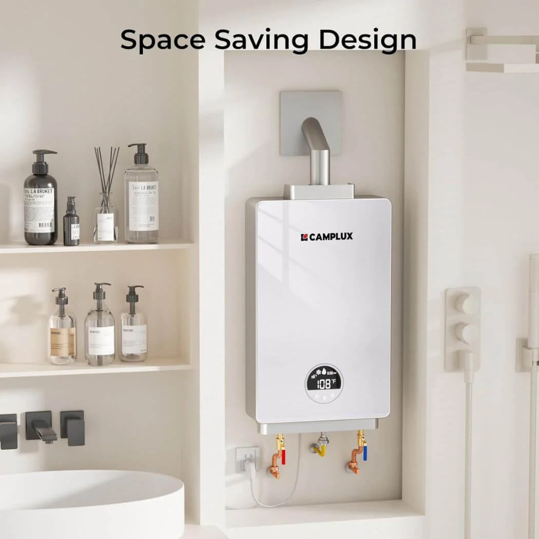 3.18 GPM Indoor Propane Tankless Water Heater with Wall Thimble, White - Image 6