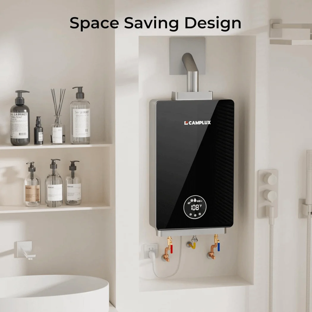 3.18 GPM Indoor Tankless Water Heater Propane with Wall Thimble, Black - Image 2
