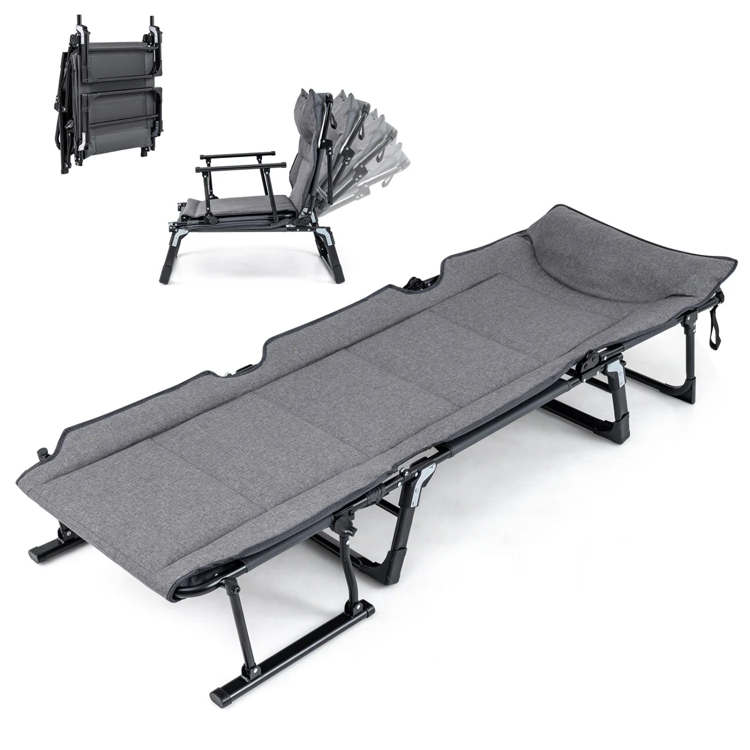 3 in 1 Folding Camping Cot and Comfy Padded Convertible Single Sofa Chair-Gray - Image 3