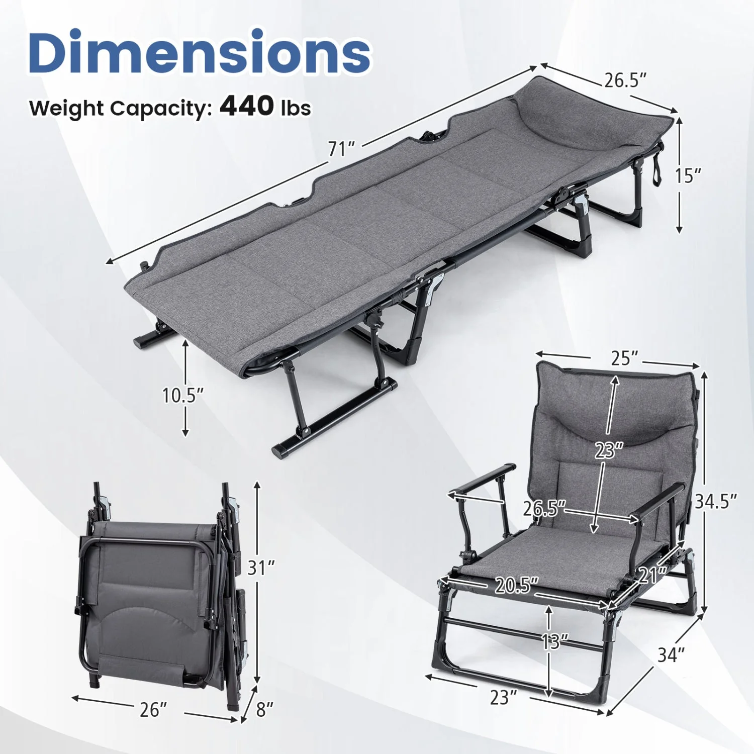 3 in 1 Folding Camping Cot and Comfy Padded Convertible Single Sofa Chair-Gray - Image 4