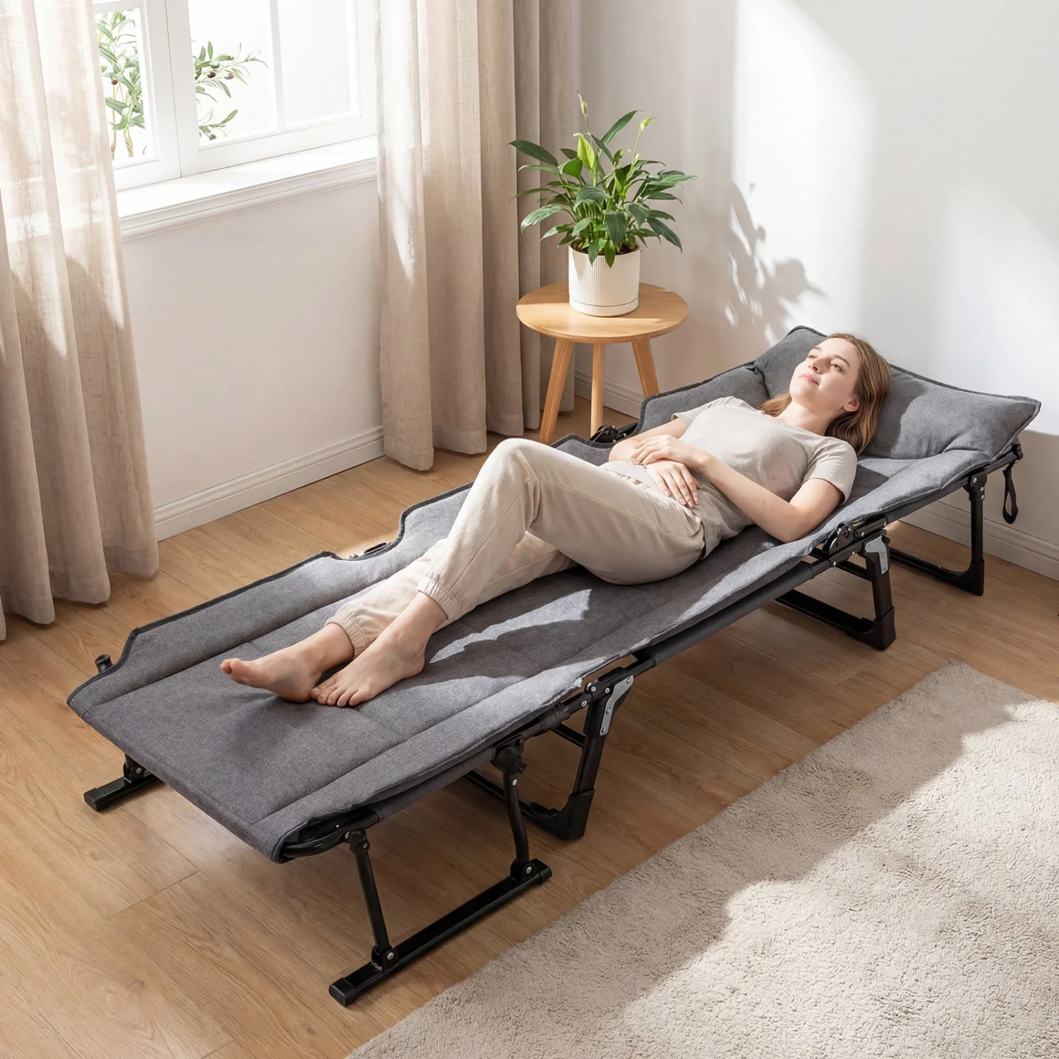3 in 1 Folding Camping Cot and Comfy Padded Convertible Single Sofa Chair-Gray - Image 5