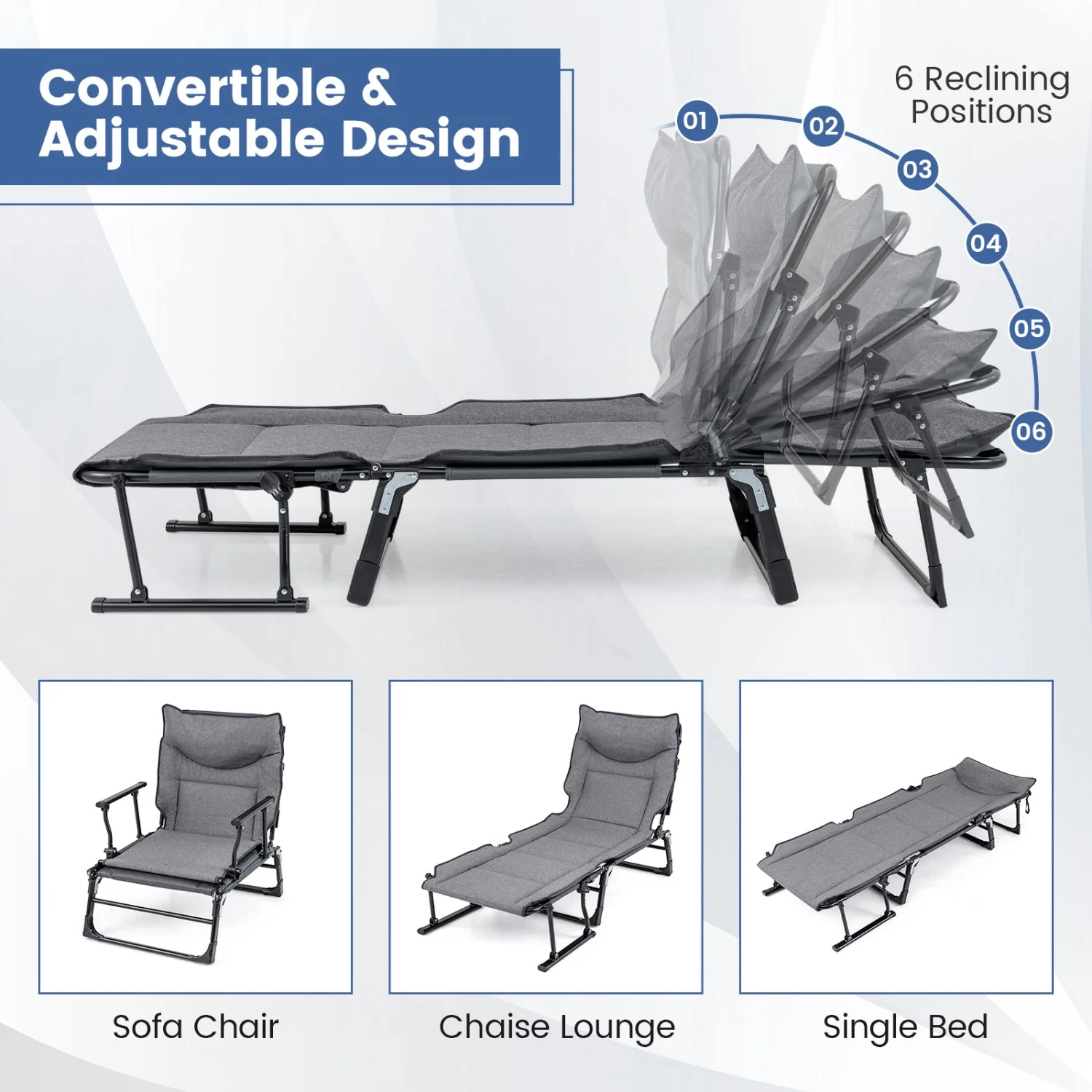 3 in 1 Folding Camping Cot and Comfy Padded Convertible Single Sofa Chair-Gray - Image 7