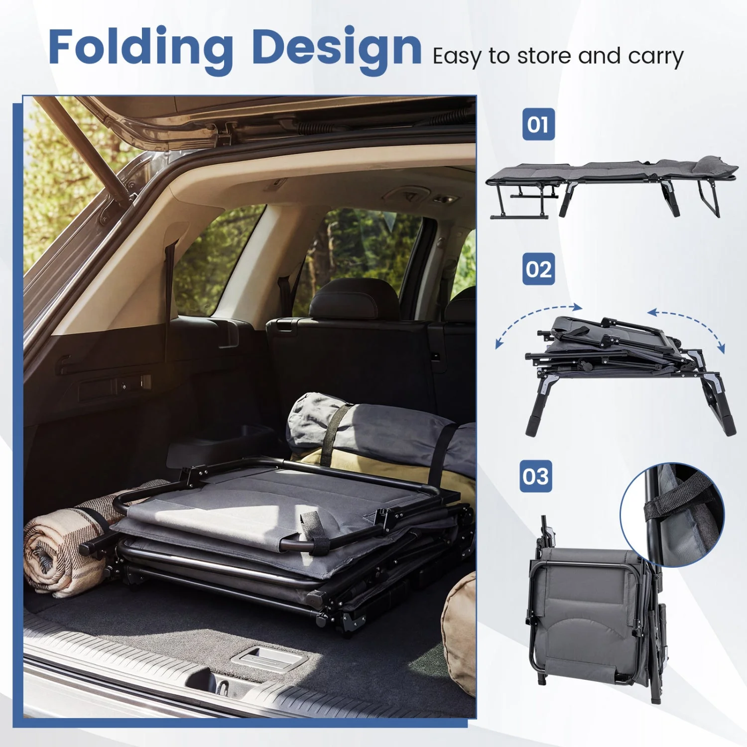 3 in 1 Folding Camping Cot and Comfy Padded Convertible Single Sofa Chair-Gray - Image 8