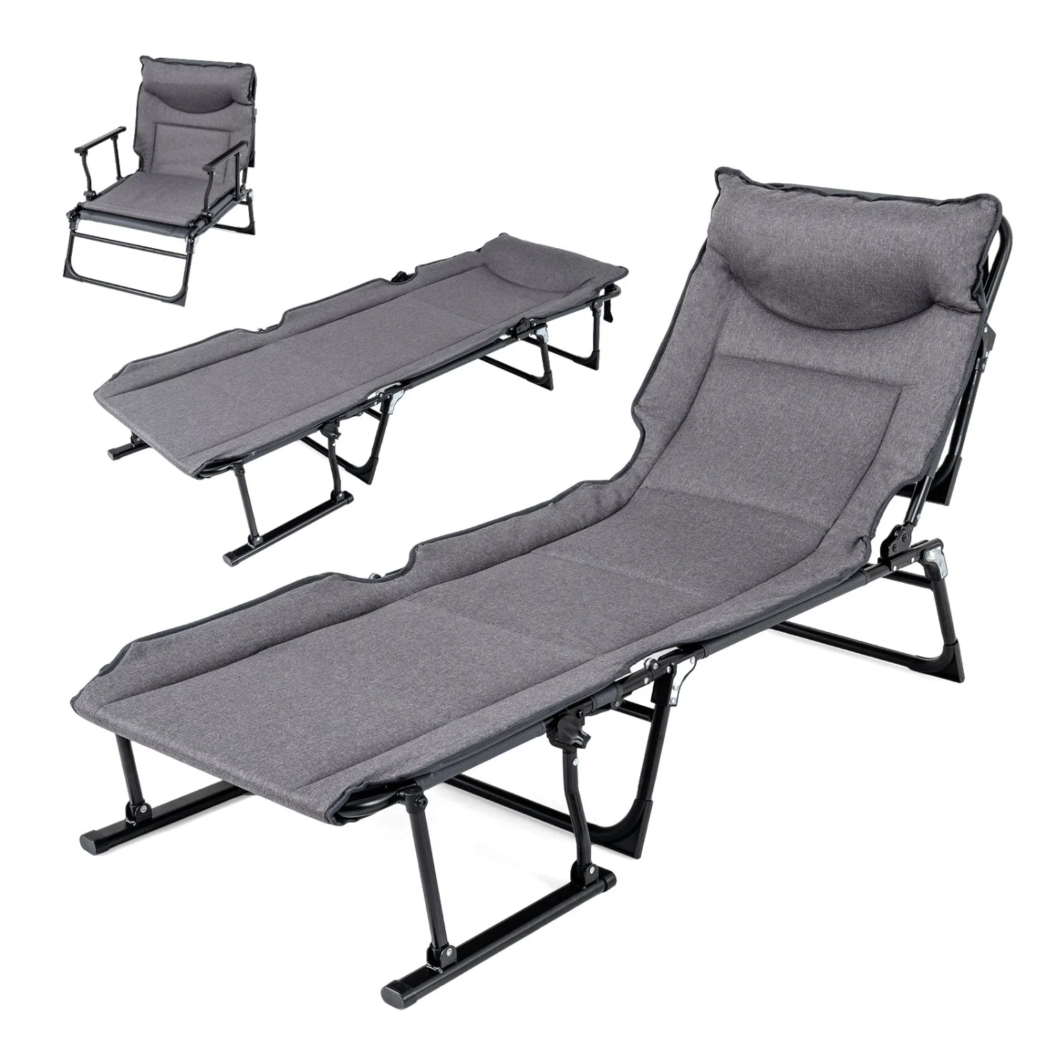 3 in 1 Folding Camping Cot Comfy Padded Convertible Single Sofa Chair-Gray - Image 4