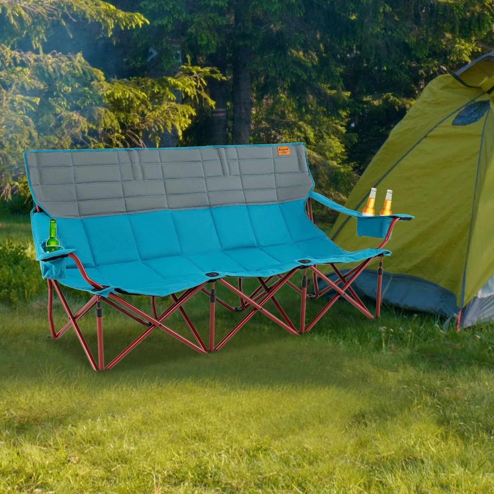 3 Person Folding Camping Chair with 2 Cup Holders Cotton Padding & Storage Bag - Image 10