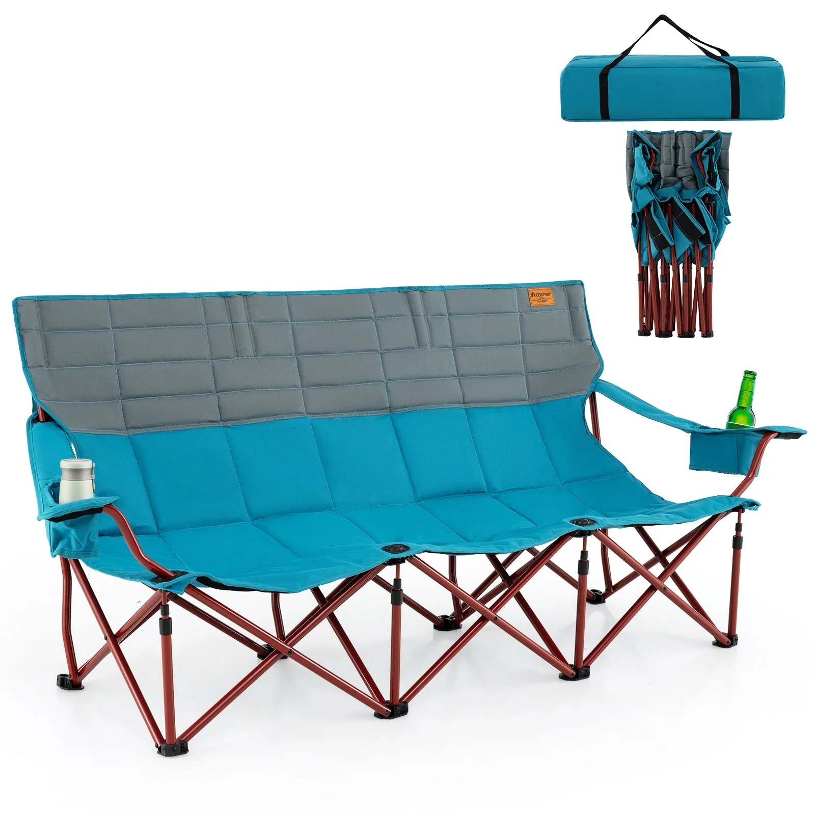 3 Person Folding Camping Chair with 2 Cup Holders Cotton Padding & Storage Bag - Image 11