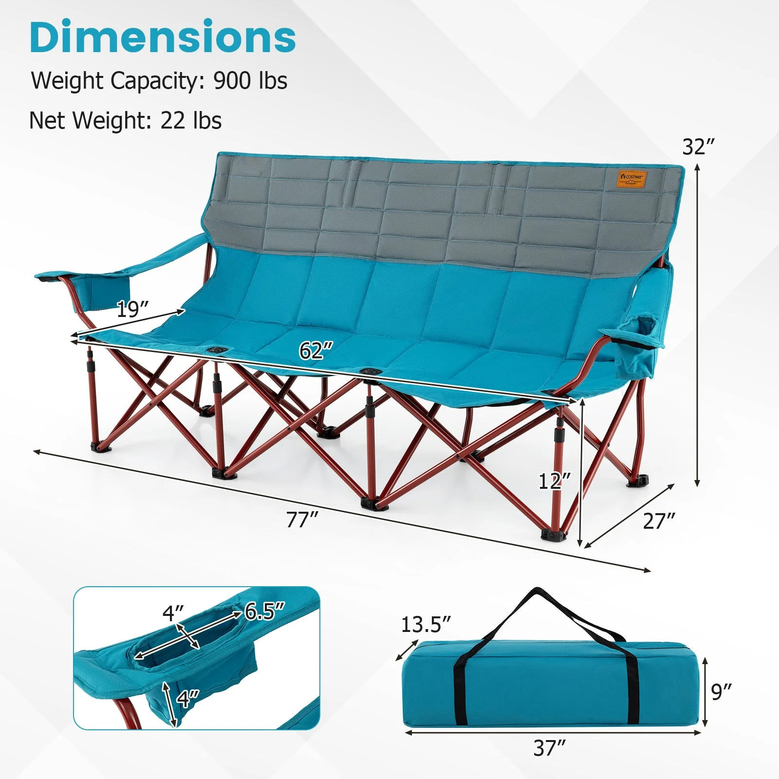 3 Person Folding Camping Chair with 2 Cup Holders Cotton Padding & Storage Bag - Image 12