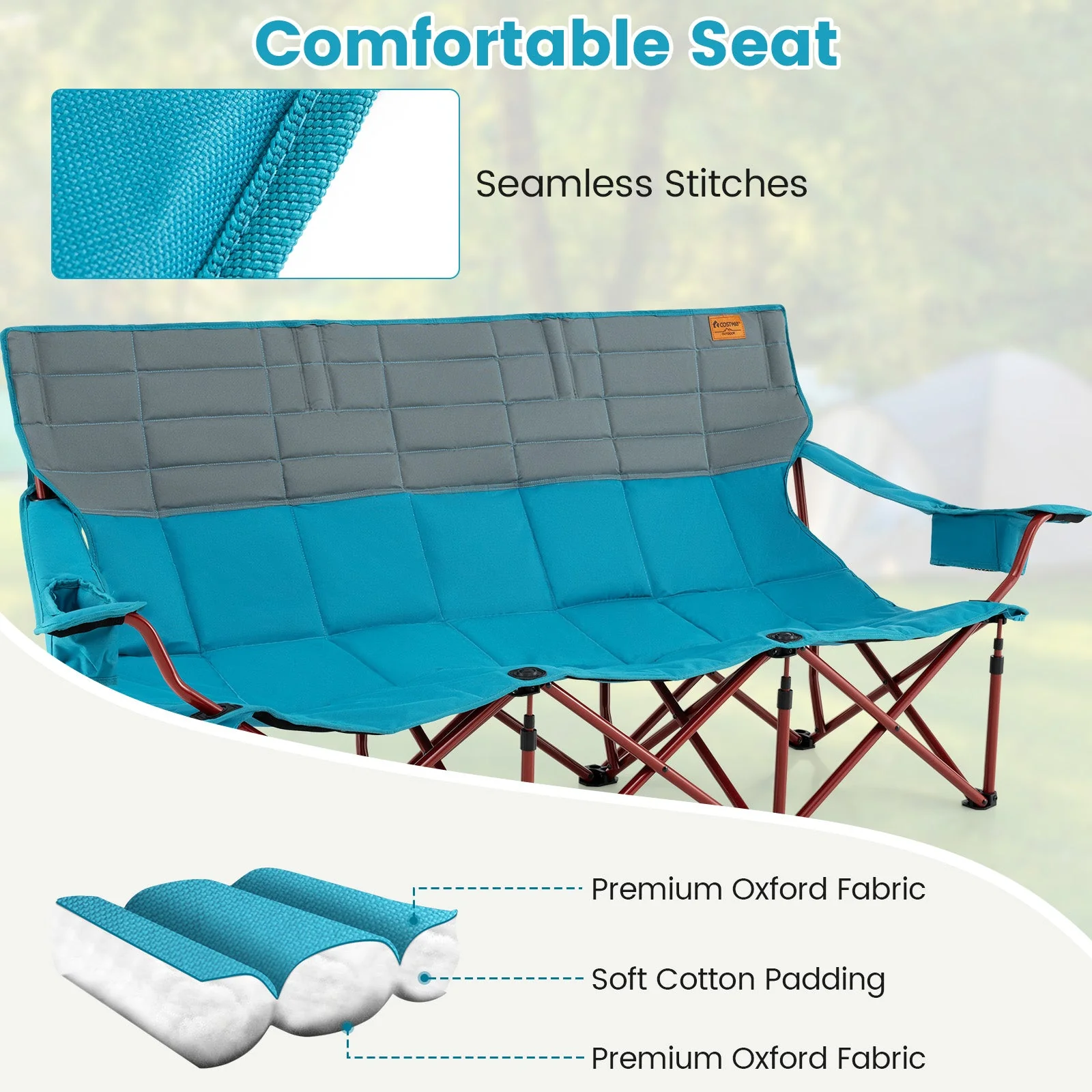 3 Person Folding Camping Chair with 2 Cup Holders Cotton Padding & Storage Bag - Image 13