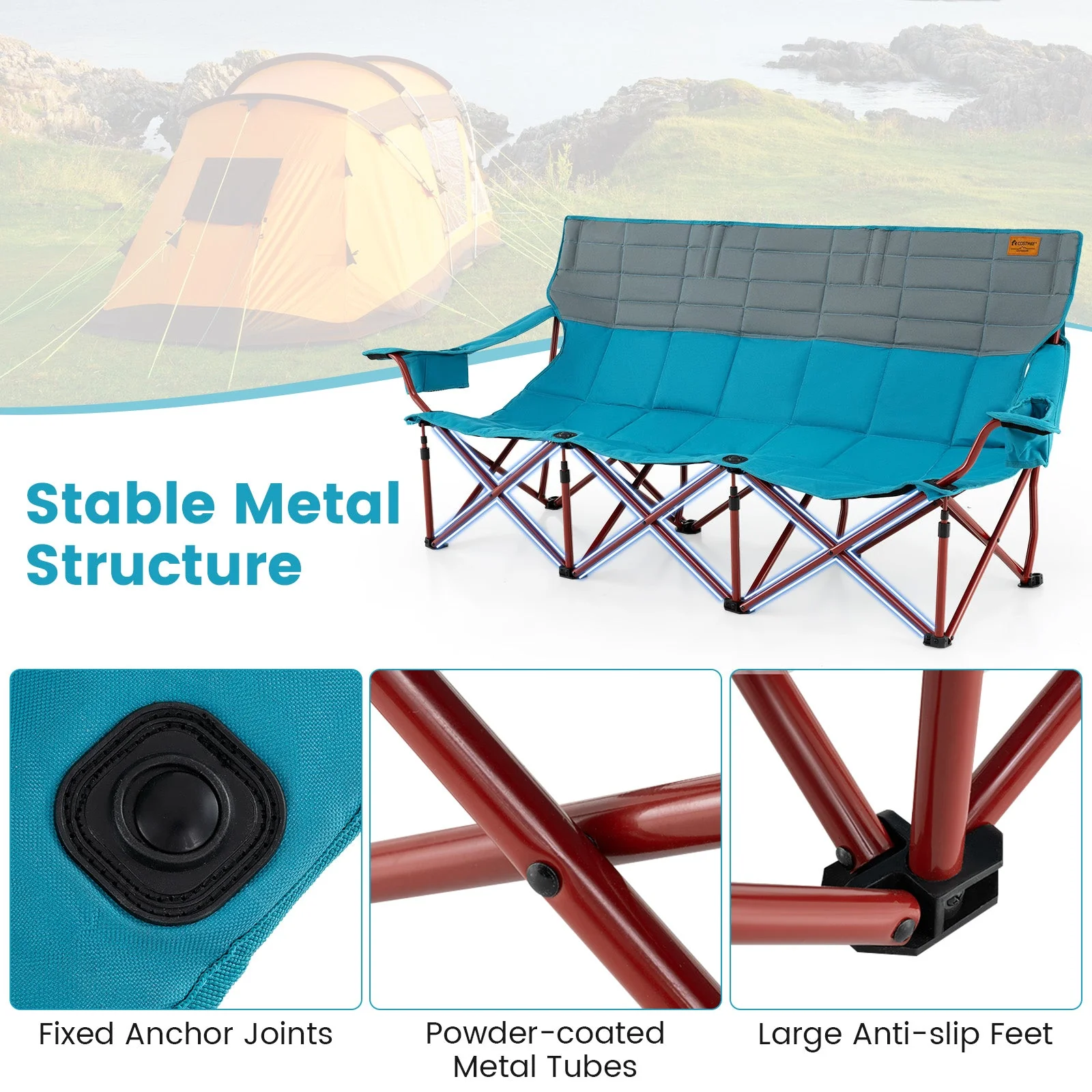 3 Person Folding Camping Chair with 2 Cup Holders Cotton Padding & Storage Bag - Image 14