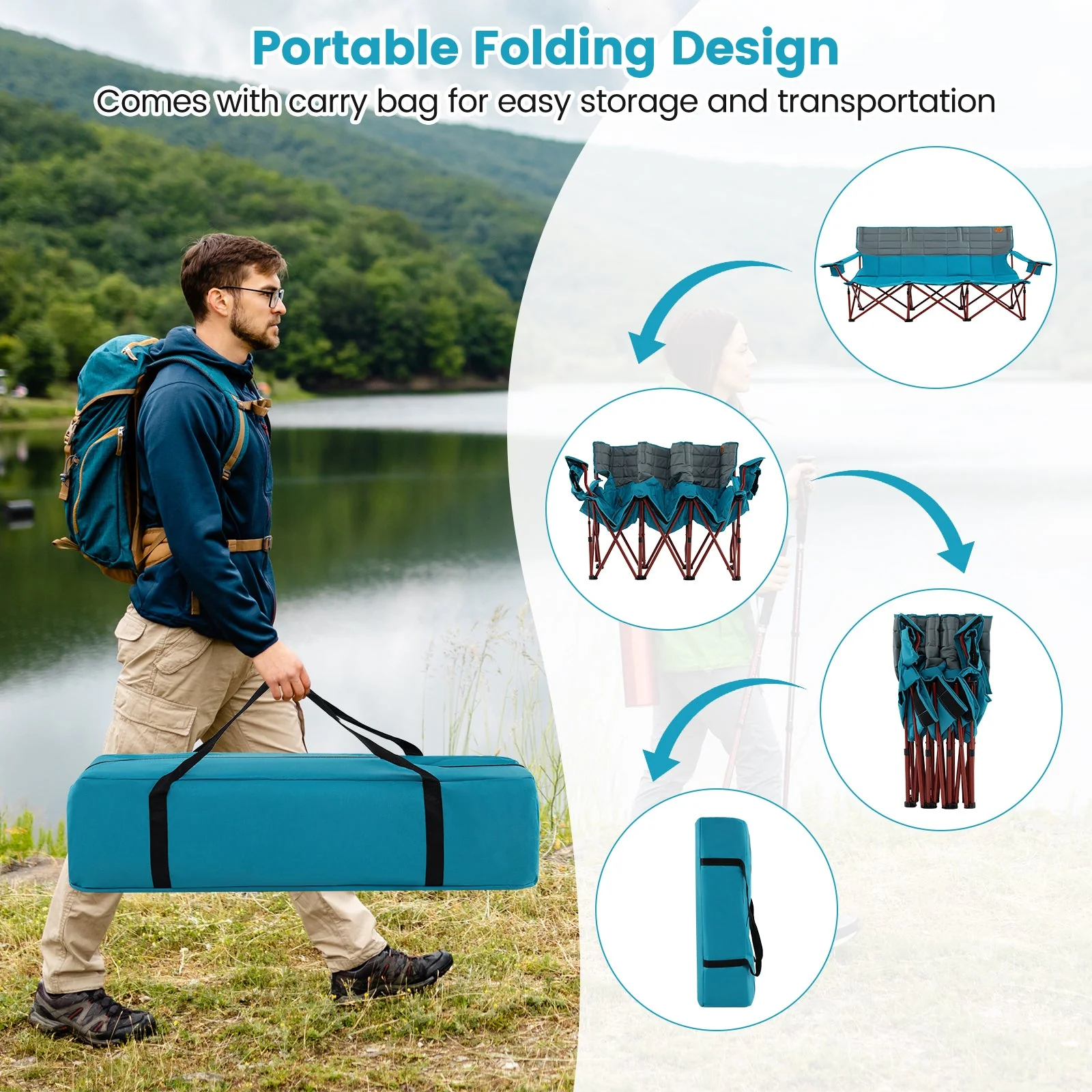 3 Person Folding Camping Chair with 2 Cup Holders Cotton Padding & Storage Bag - Image 16