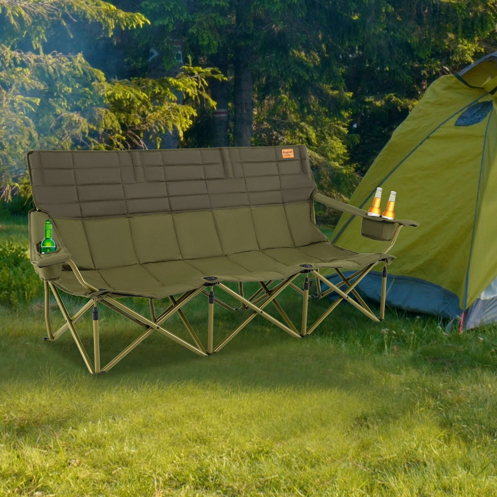 3 Person Folding Camping Chair with 2 Cup Holders Cotton Padding & Storage Bag - Image 2