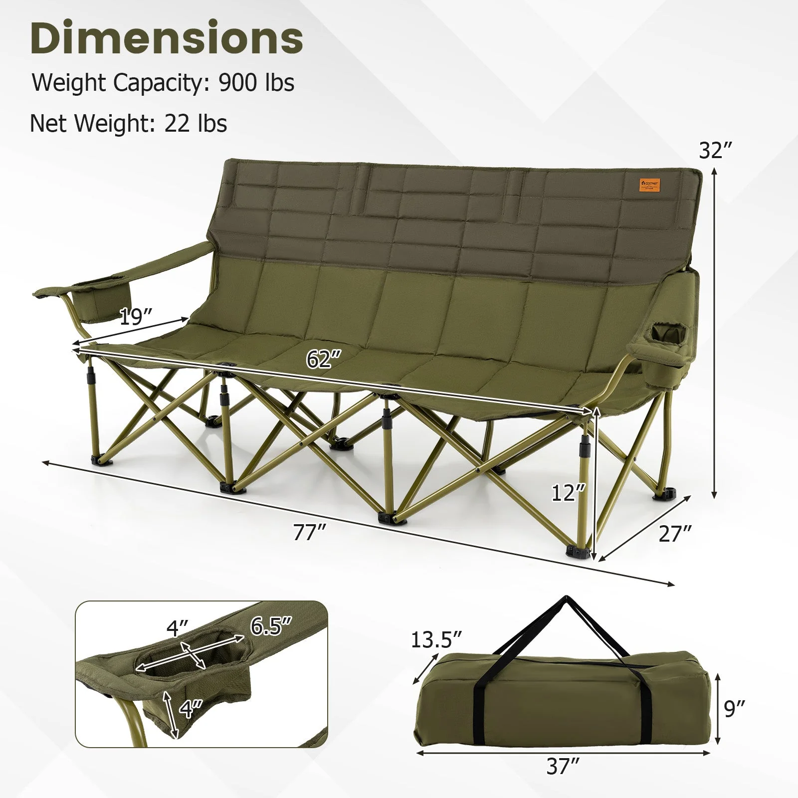 3 Person Folding Camping Chair with 2 Cup Holders Cotton Padding & Storage Bag - Image 4