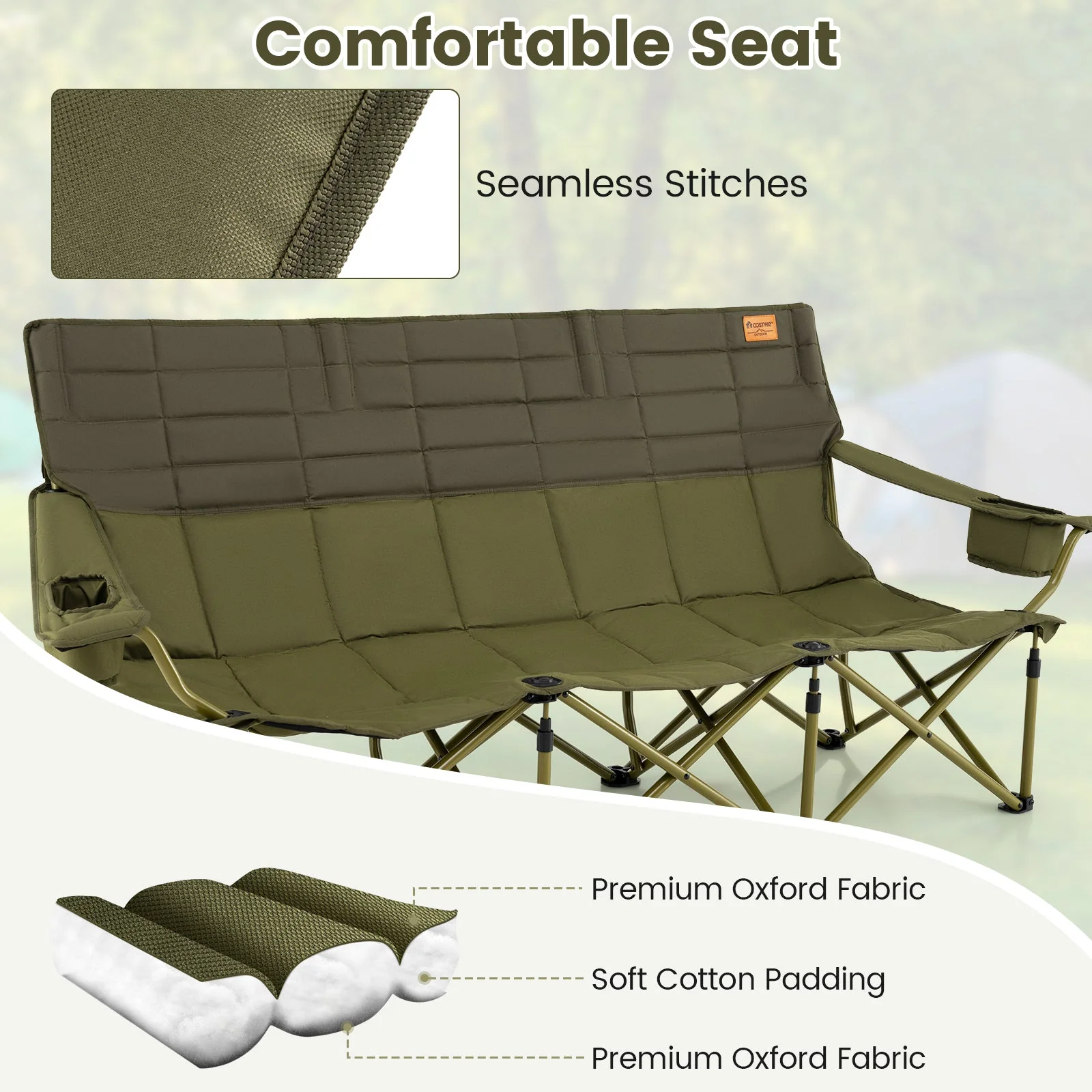 3 Person Folding Camping Chair with 2 Cup Holders Cotton Padding & Storage Bag - Image 5