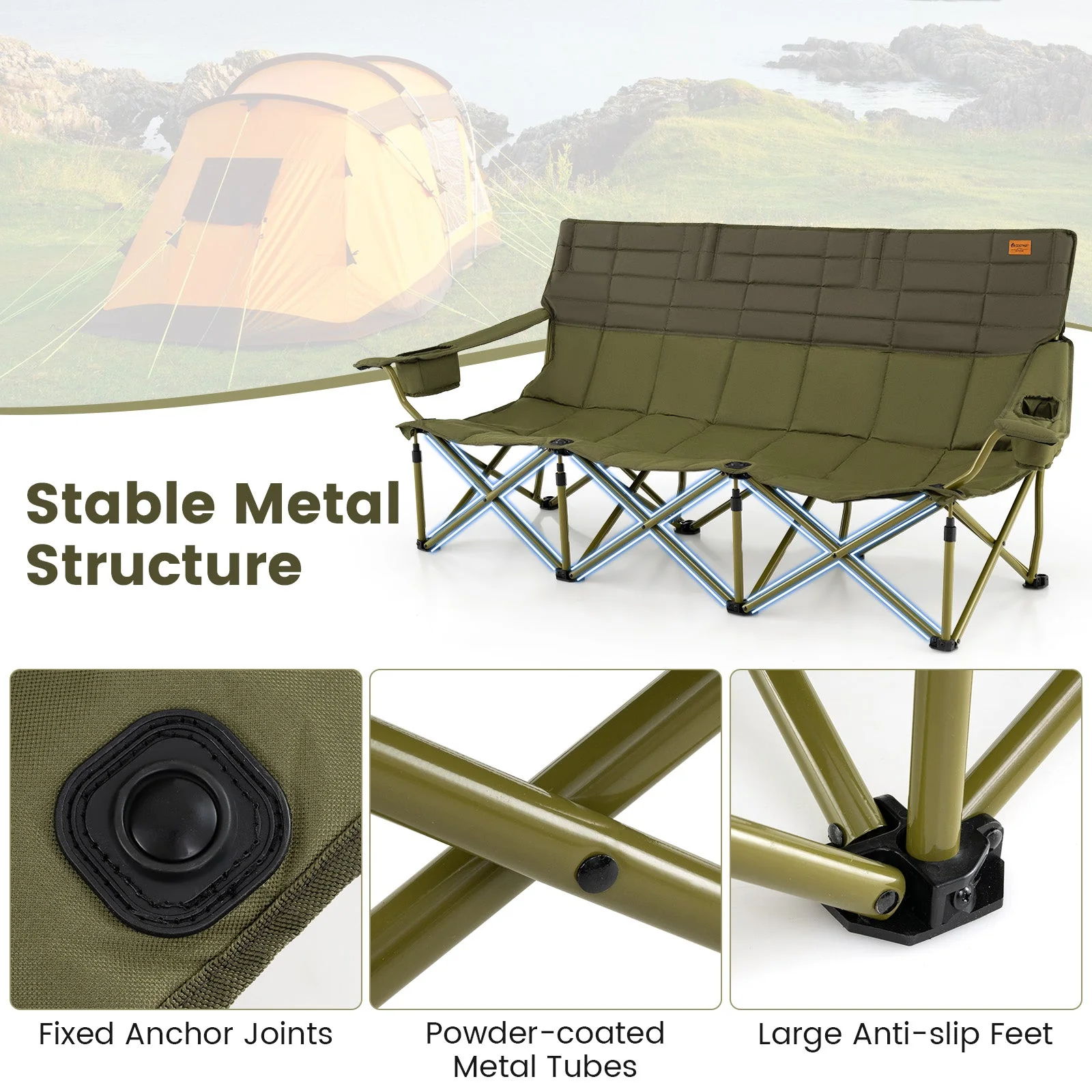 3 Person Folding Camping Chair with 2 Cup Holders Cotton Padding & Storage Bag - Image 6