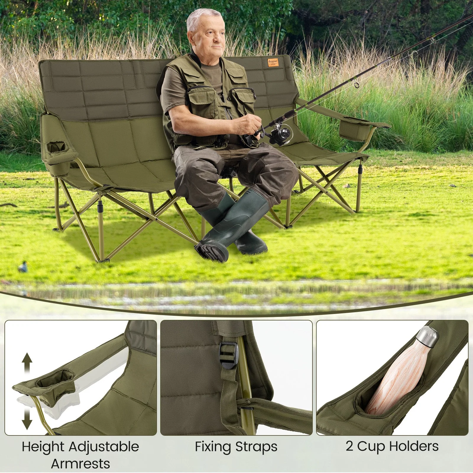 3 Person Folding Camping Chair with 2 Cup Holders Cotton Padding & Storage Bag - Image 7