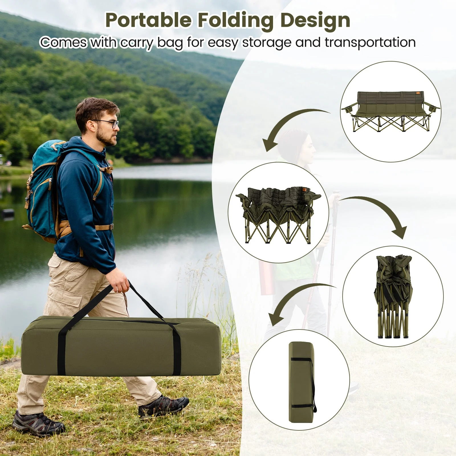 3 Person Folding Camping Chair with 2 Cup Holders Cotton Padding & Storage Bag - Image 8