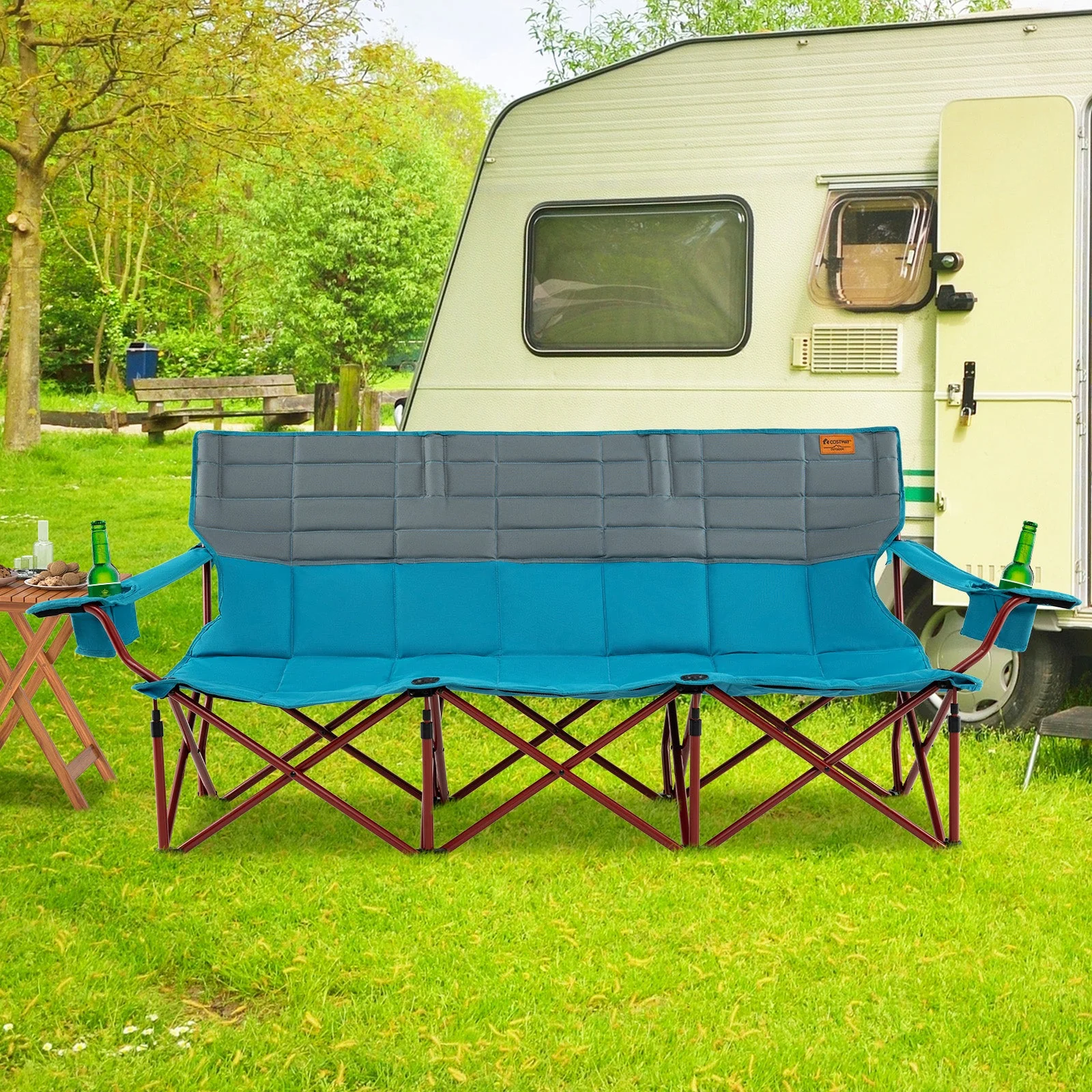 3 Person Folding Camping Chair with 2 Cup Holders Cotton Padding & Storage Bag - Image 9