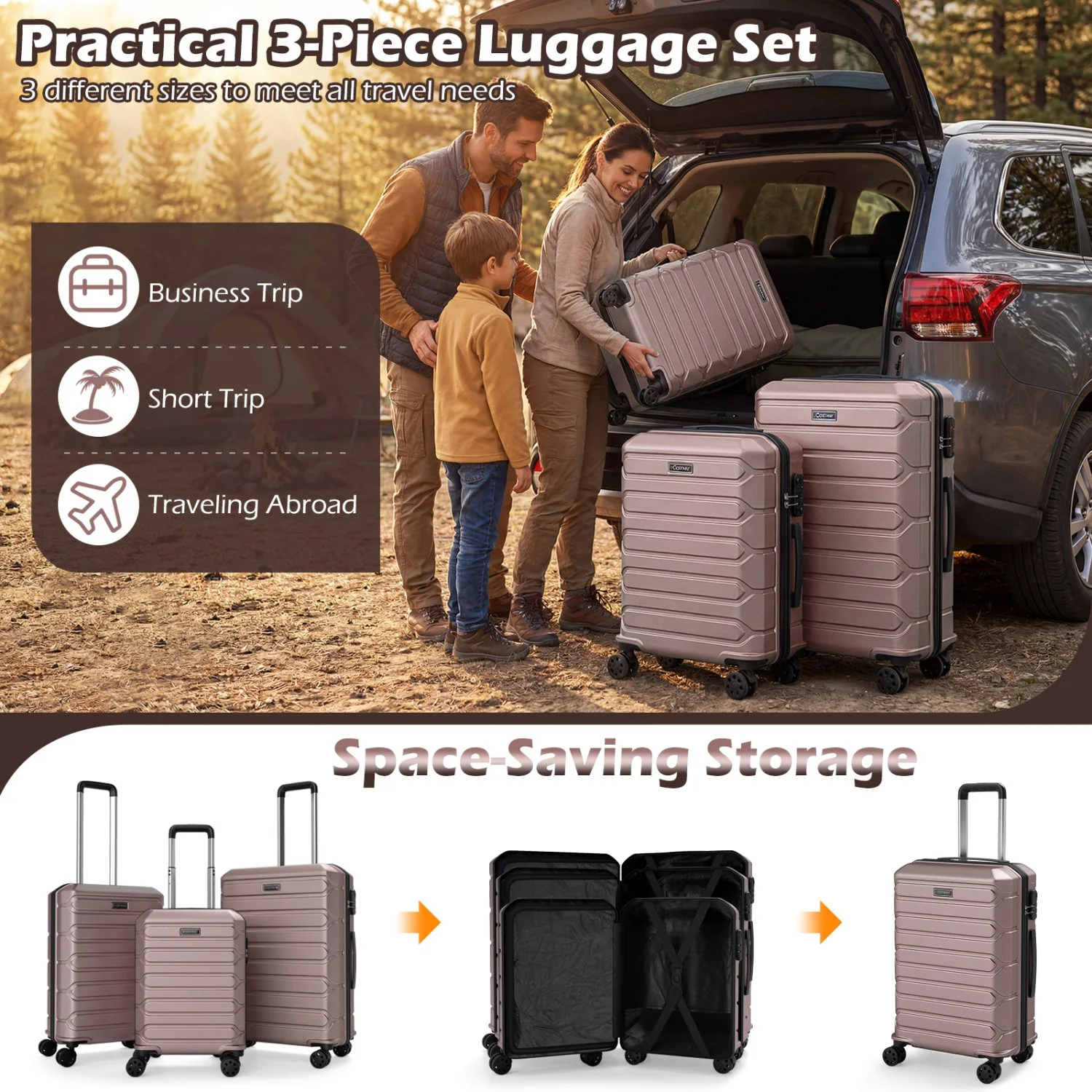 3-Piece Hardside Luggage Set Lightweight Hardside Suitcases with 8-Spinner Wheels - Image 38