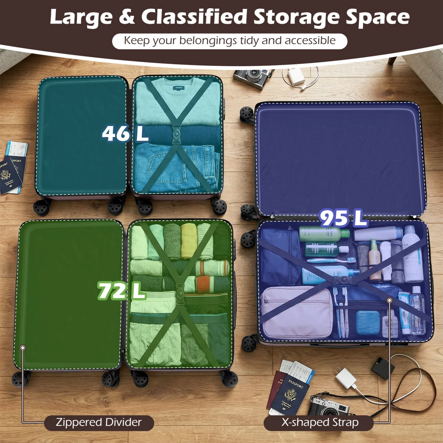 3-Piece Hardside Luggage Set Lightweight Hardside Suitcases with 8-Spinner Wheels - Image 40