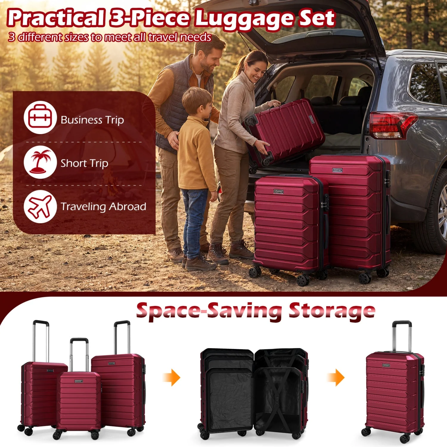 3-Piece Hardside Luggage Set Lightweight Hardside Suitcases with 8-Spinner Wheels - Image 46