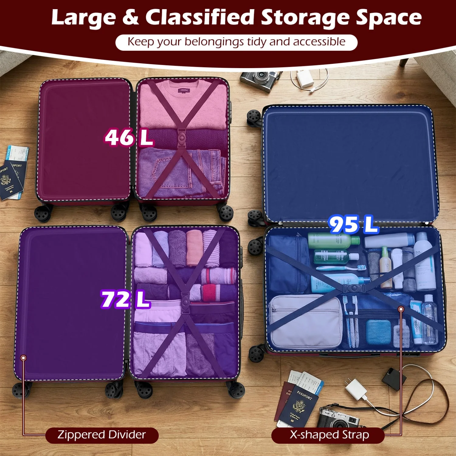 3-Piece Hardside Luggage Set Lightweight Hardside Suitcases with 8-Spinner Wheels - Image 48