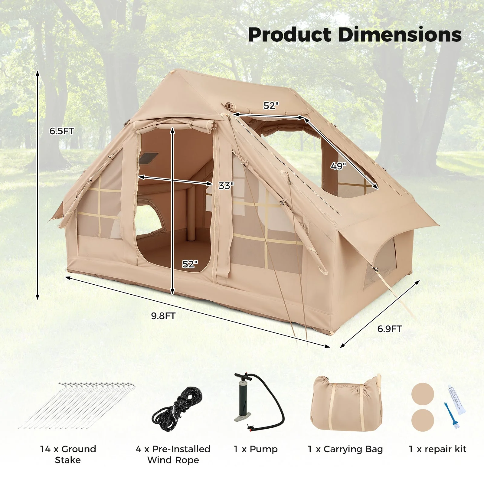 4-6 People Inflatable Camping Tent with 4 Mesh Screen Windows and 2 Doors - Image 12