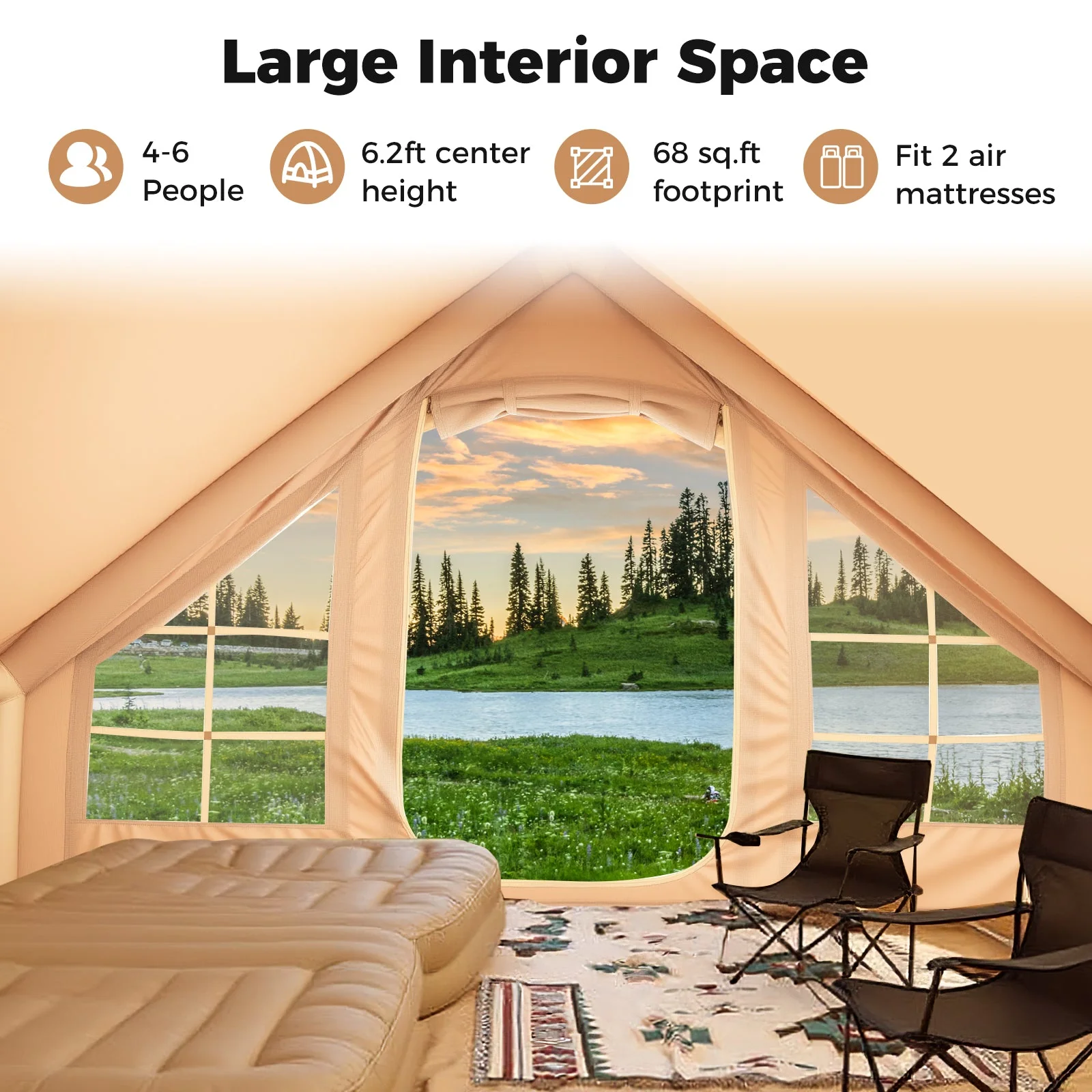 4-6 People Inflatable Camping Tent with 4 Mesh Screen Windows and 2 Doors - Image 13
