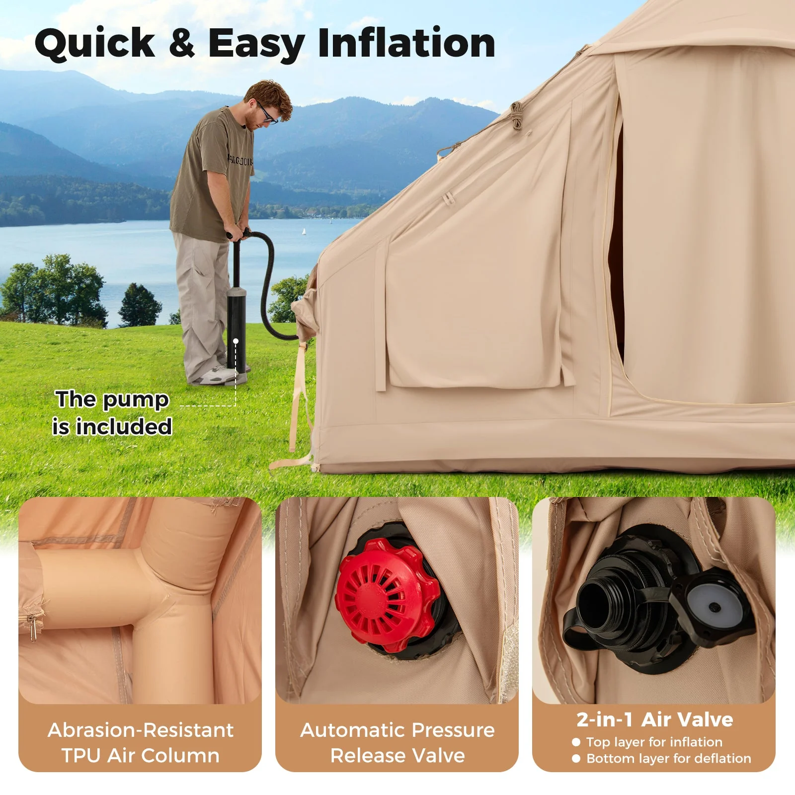 4-6 People Inflatable Camping Tent with 4 Mesh Screen Windows and 2 Doors - Image 14