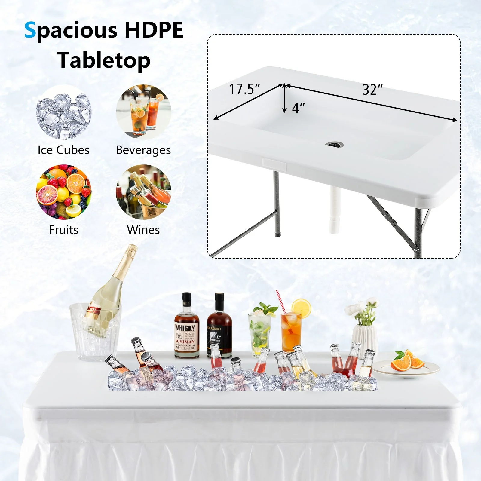 4 Feet Folding Ice Bin Table with Skirt for Camping Picnic Wedding-White - Image 6