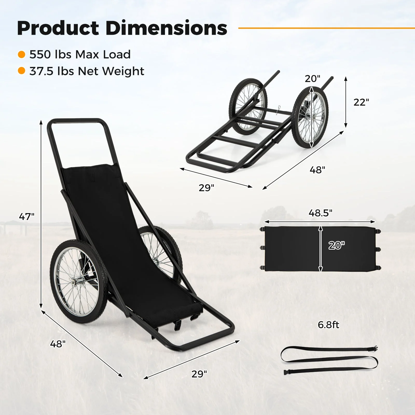 550 LBS Folding Deer Game Cart with Polyester Liner for Hunting - Image 2