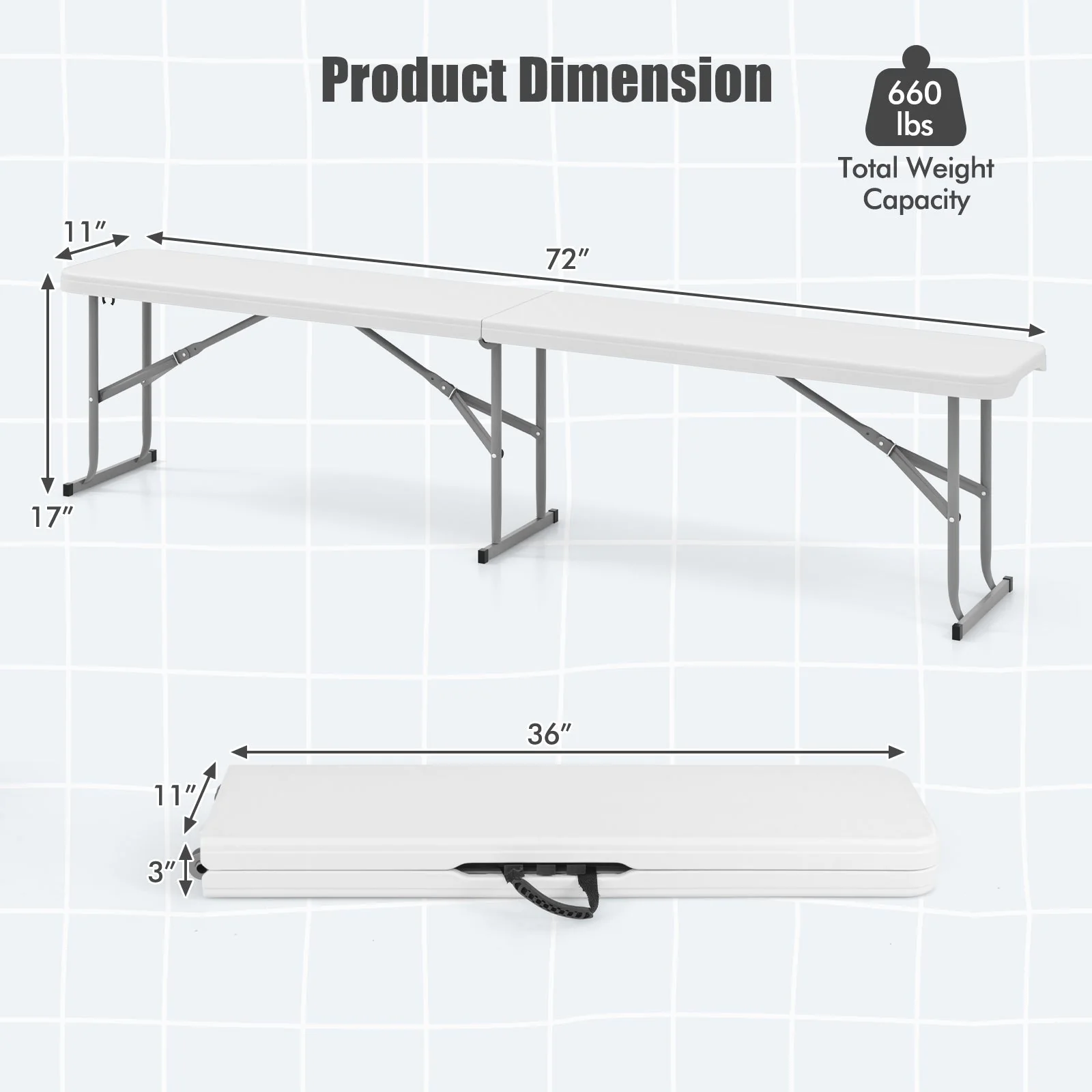6 Feet Plastic Folding Bench Picnic Camping Dining Seat with Carrying Handle-White - Image 4