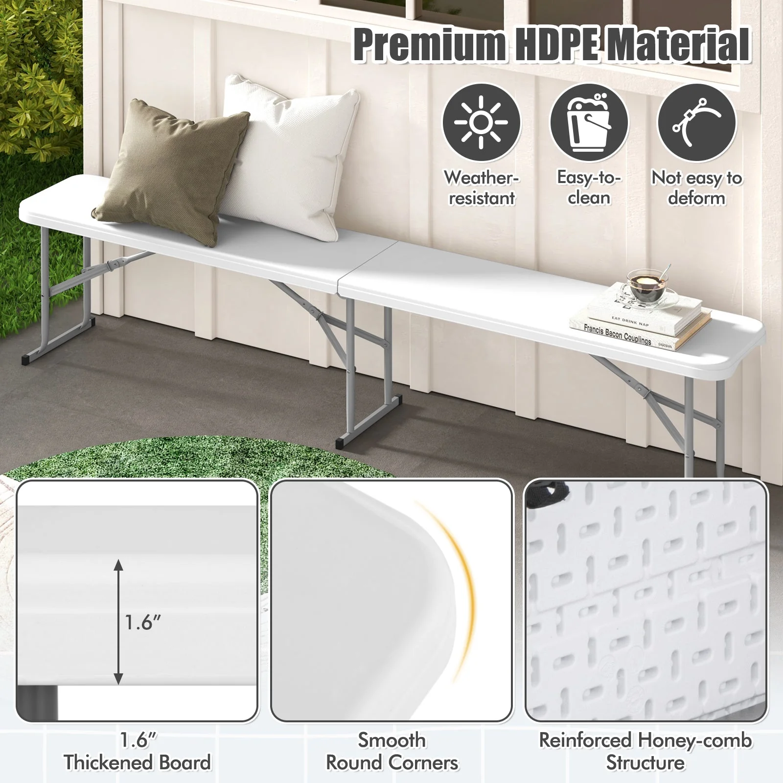 6 Feet Plastic Folding Bench Picnic Camping Dining Seat with Carrying Handle-White - Image 5