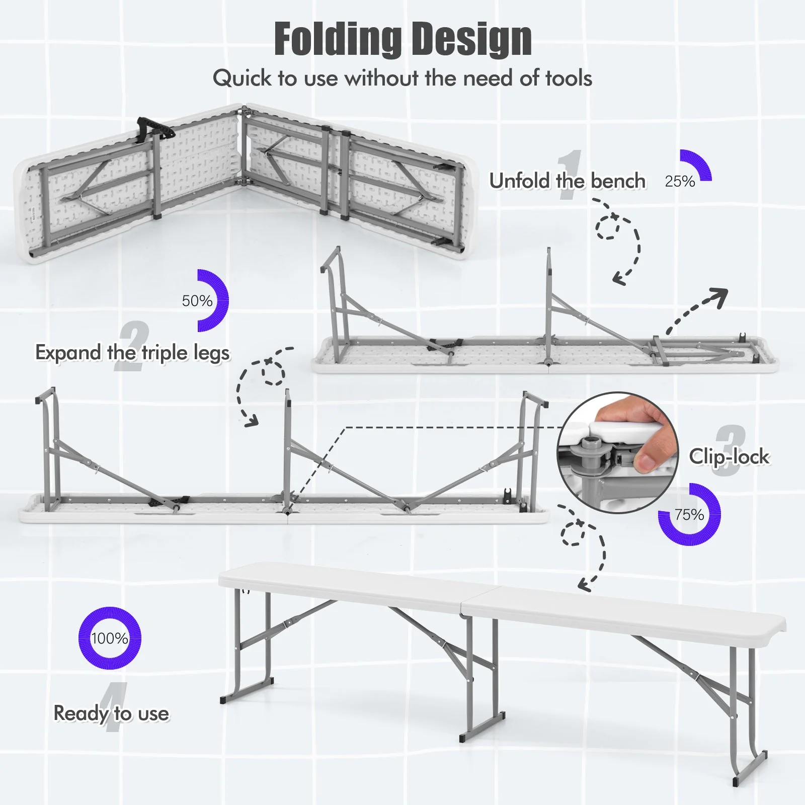 6 Feet Plastic Folding Bench Picnic Camping Dining Seat with Carrying Handle-White - Image 6
