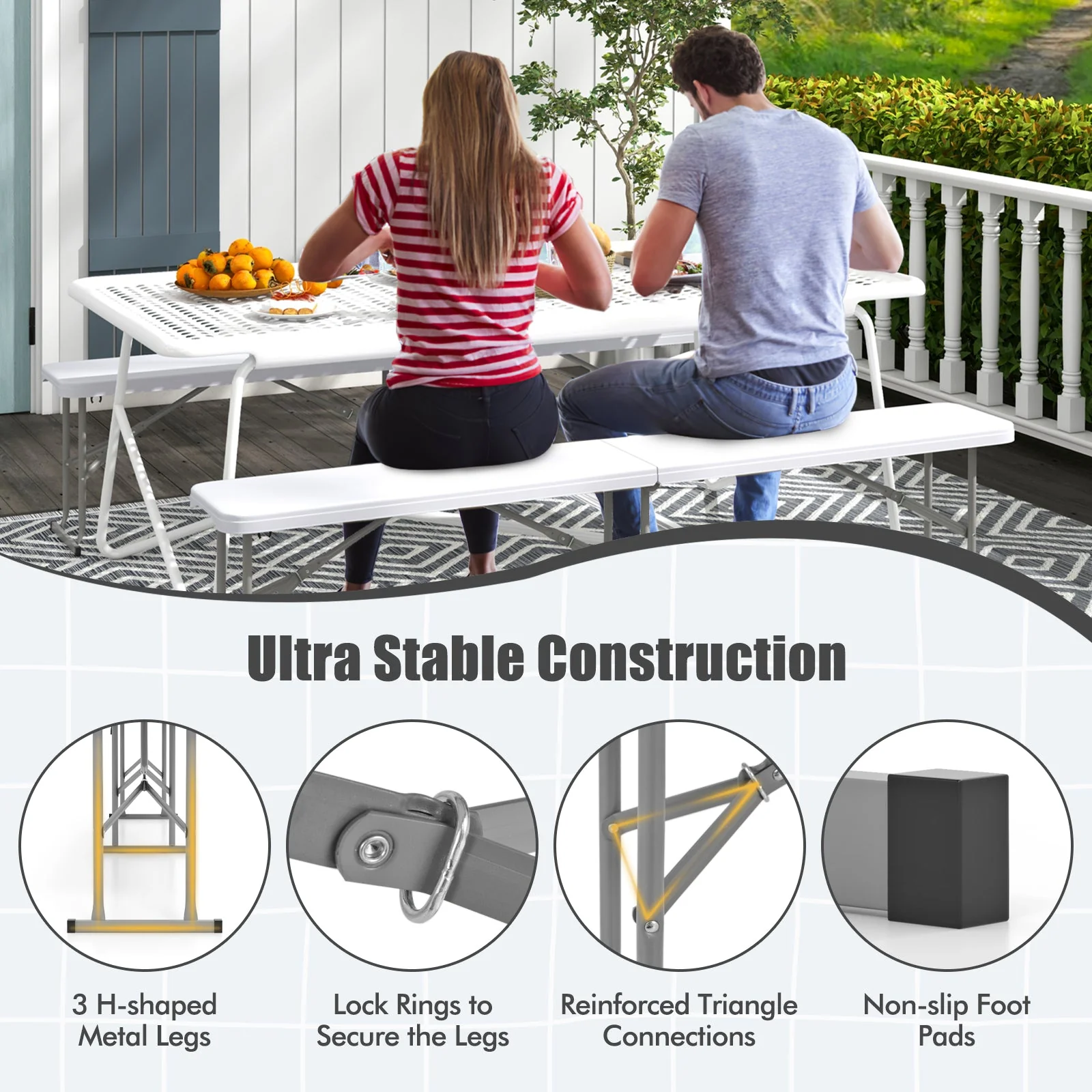 6 Feet Plastic Folding Bench Picnic Camping Dining Seat with Carrying Handle-White - Image 7