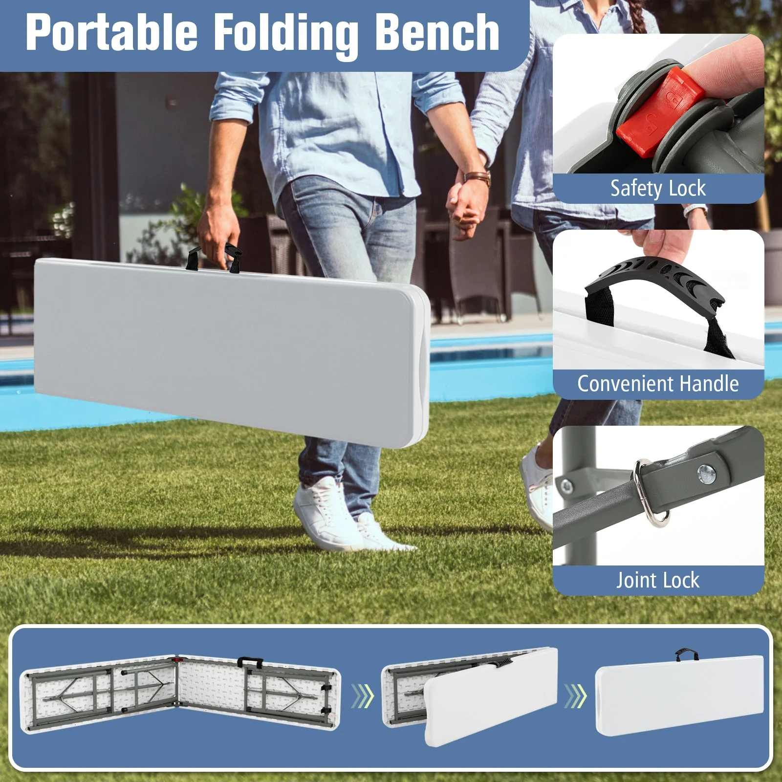6 Feet Plastic Folding Bench Portable Seat with Handle and Lock - Image 15