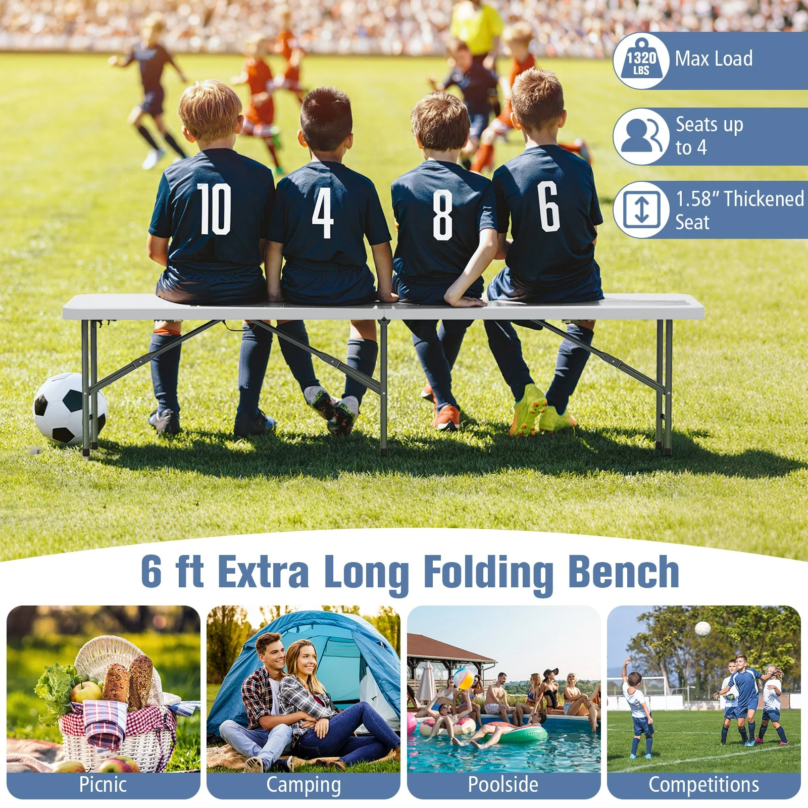 6 Feet Plastic Folding Bench Portable Seat with Handle and Lock - Image 16