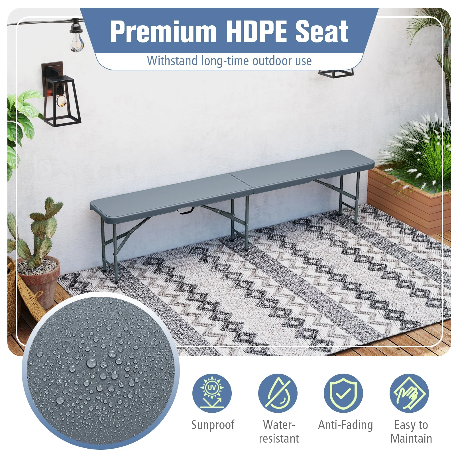 6 Feet Plastic Folding Bench Portable Seat with Handle and Lock - Image 6