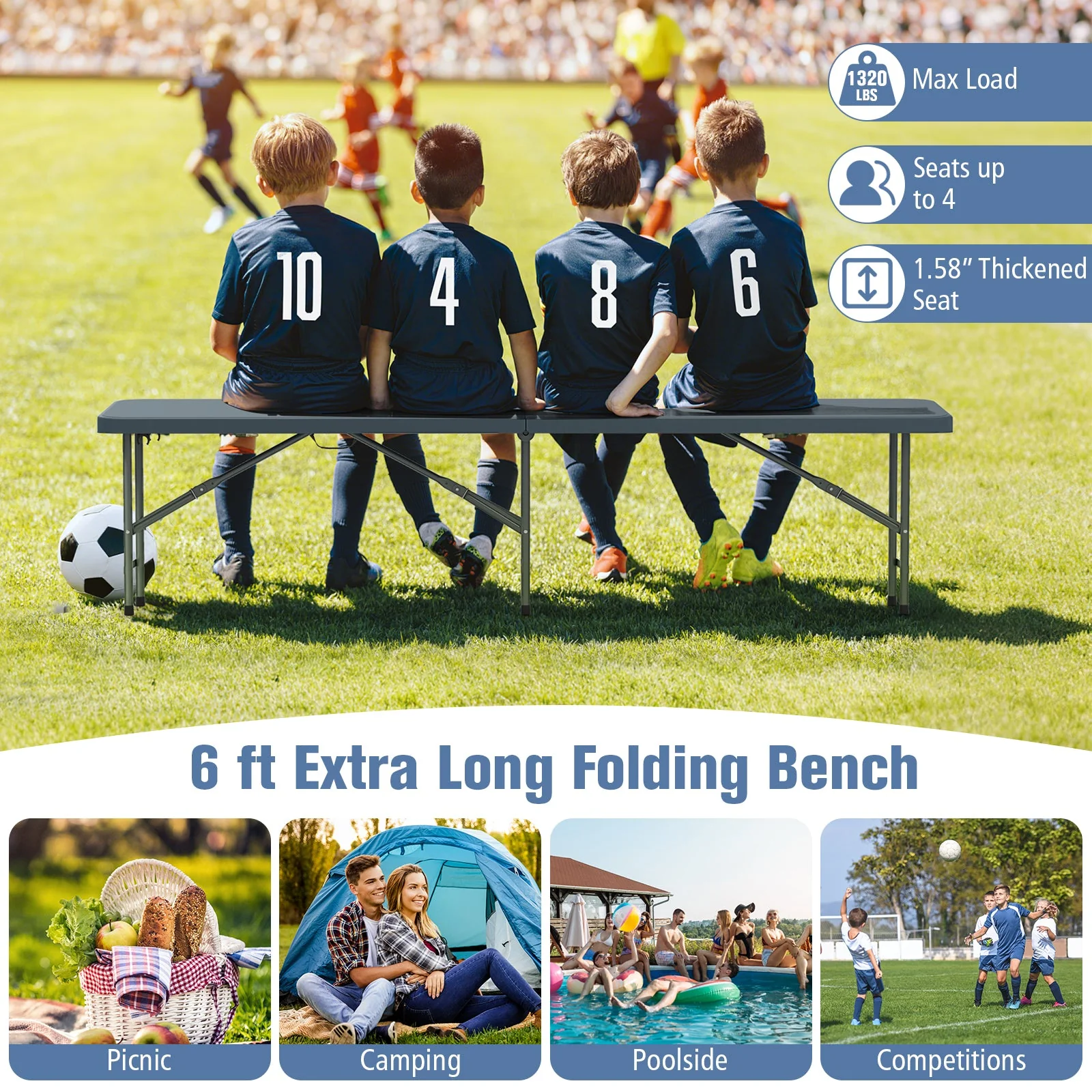 6 Feet Plastic Folding Bench Portable Seat with Handle and Lock - Image 7