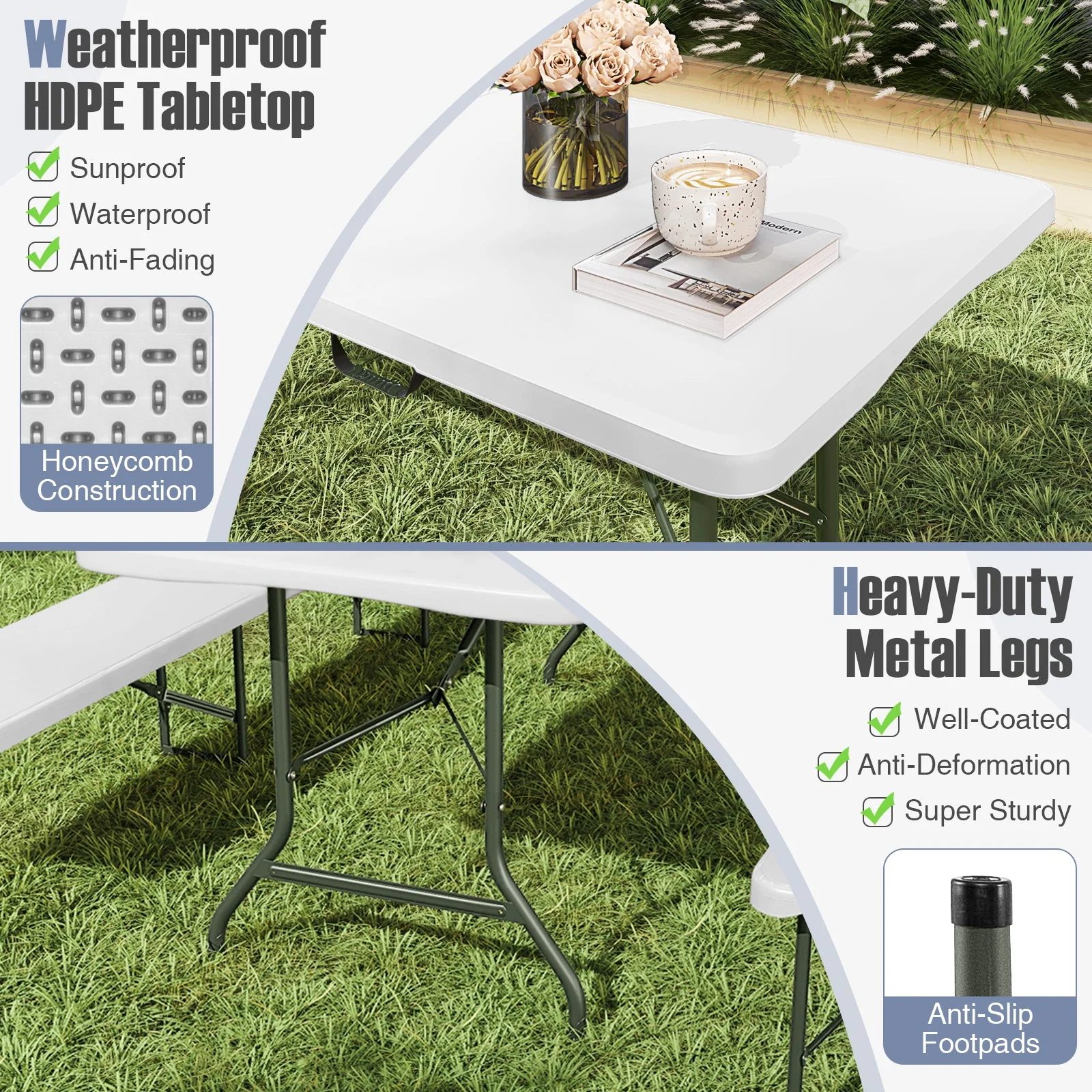 6 ft Portable Folding Table 350 LBS Fold-in-Half Table with HDPE Tabletop - Image 22
