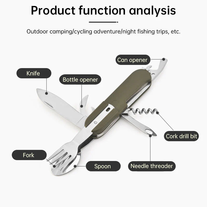 7-in-1 multifunctional stainless steel foldable outdoor camp tableware: fork, spoon, knife. Survival tools for picnic, camping. - Image 4