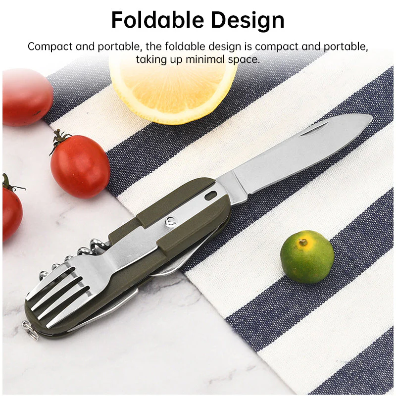 7-in-1 multifunctional stainless steel foldable outdoor camp tableware: fork, spoon, knife. Survival tools for picnic, camping. - Image 5