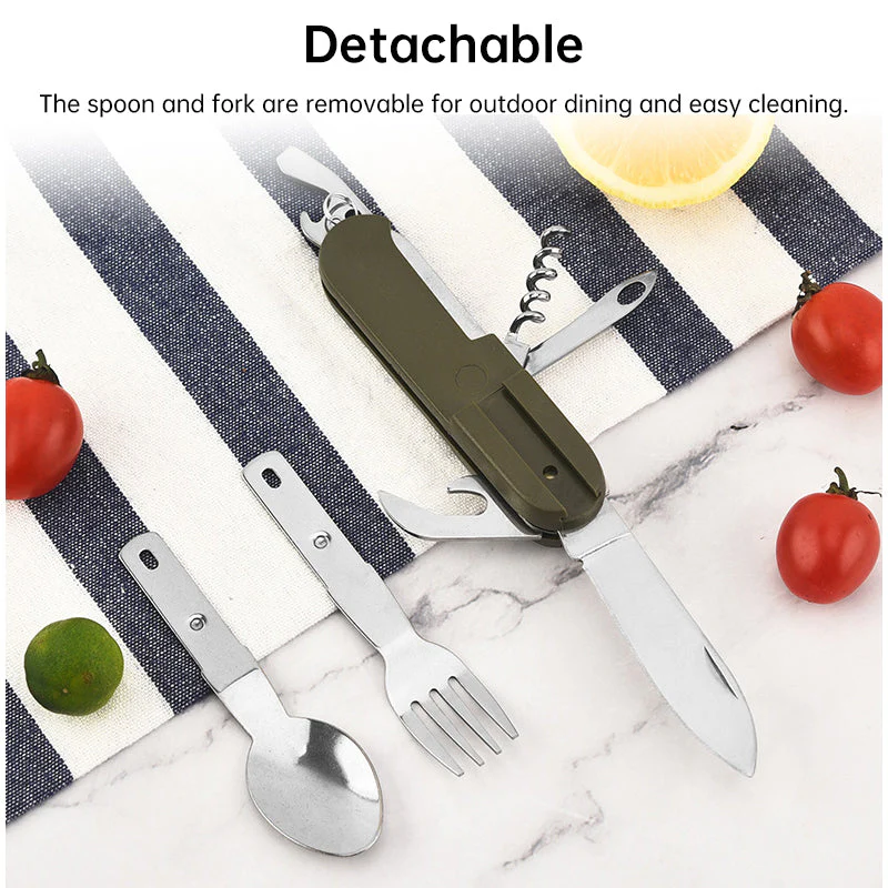 7-in-1 multifunctional stainless steel foldable outdoor camp tableware: fork, spoon, knife. Survival tools for picnic, camping. - Image 6